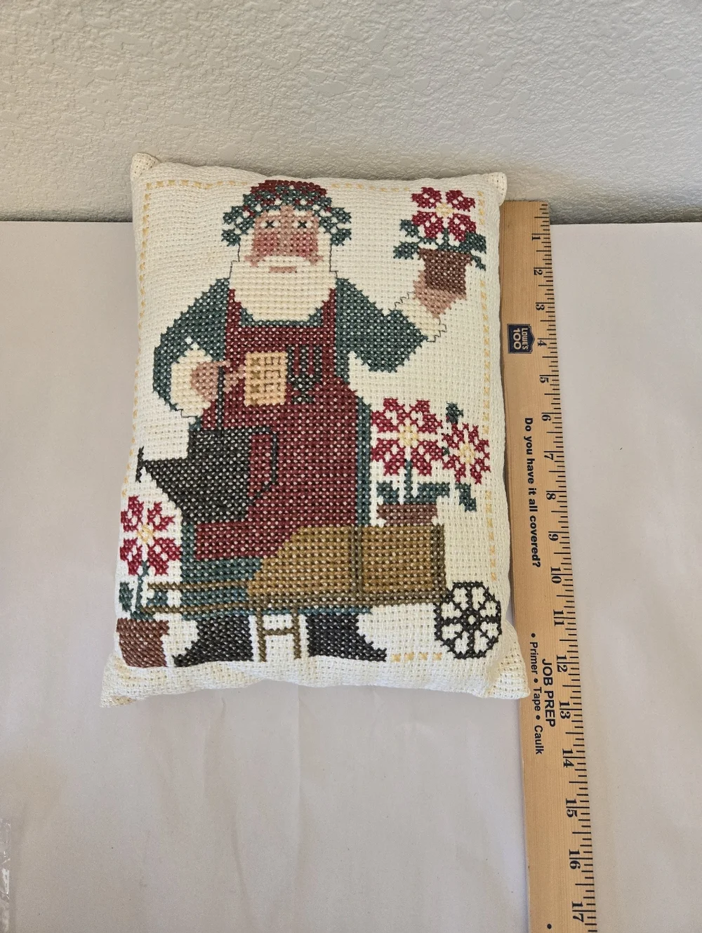 Vintage Needlepoint Santa Pillow Gardening Theme Accent Decor Christmas Holiday